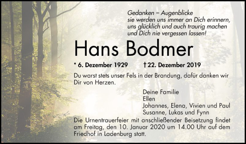  Traueranzeige für Hans Bodmer vom 31.12.2019 aus Mannheimer Morgen