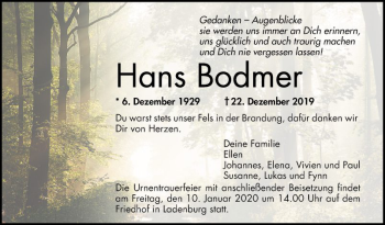 Traueranzeige von Hans Bodmer von Mannheimer Morgen