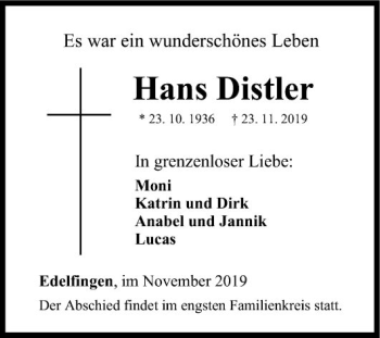 Traueranzeige von Hans Distler von Fränkische Nachrichten