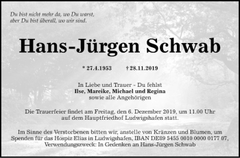 Traueranzeige von Hans-Jürgen Schwab von Mannheimer Morgen