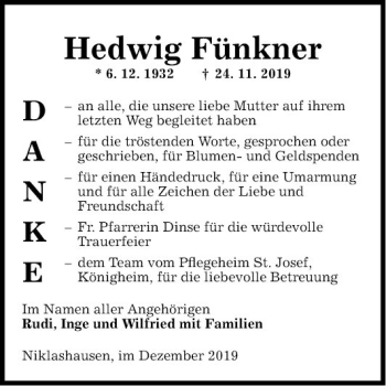 Traueranzeige von Hedwig Fünkner von Fränkische Nachrichten