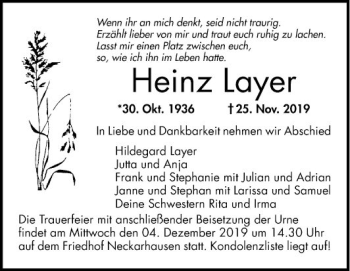 Traueranzeige von Heinz Layer von Mannheimer Morgen