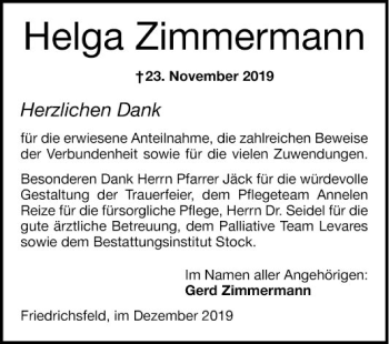 Traueranzeige von Helga Zimmermann von Mannheimer Morgen