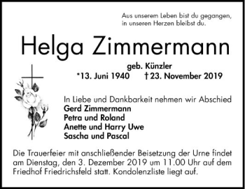 Traueranzeige von Helga Zimmermann von Mannheimer Morgen