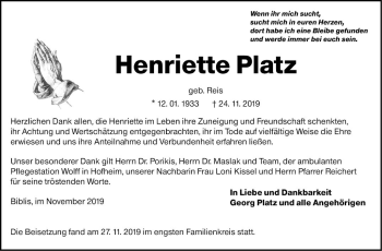 Traueranzeige von Henriette Platz von Südhessen Morgen