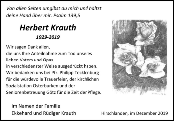 Traueranzeige von Herbert Krauth von Fränkische Nachrichten