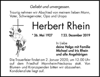 Traueranzeige von Herbert Rhein von Mannheimer Morgen