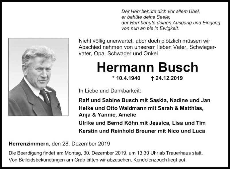  Traueranzeige für Hermann Busch vom 28.12.2019 aus Fränkische Nachrichten