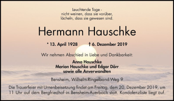 Traueranzeige von Hermann Hauschke von Bergsträßer Anzeiger