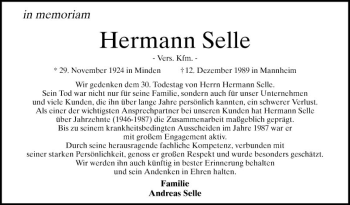 Traueranzeige von Hermann Selle von Mannheimer Morgen