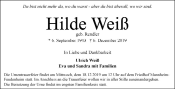 Traueranzeige von Hilde Weiß von Mannheimer Morgen