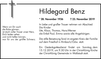 Traueranzeige von Hildegard Benz von Mannheimer Morgen