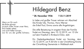 Traueranzeige von Hildegard Benz von Mannheimer Morgen