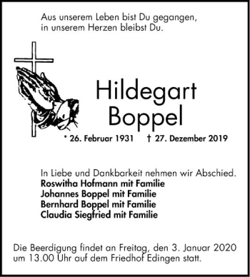 Traueranzeige von Hildegart Boppel von Mannheimer Morgen