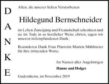 Traueranzeige von Hildegund Bernschneider von Bergsträßer Anzeiger