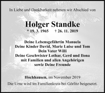 Traueranzeige von Holger Standke von Fränkische Nachrichten