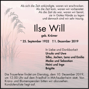 Traueranzeige von Ilse Will von Mannheimer Morgen