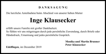 Traueranzeige von Inge Klausecker von Fränkische Nachrichten