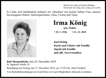 Traueranzeige von Irma König von Fränkische Nachrichten