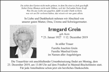 Traueranzeige von Irmgard Grein von Fränkische Nachrichten