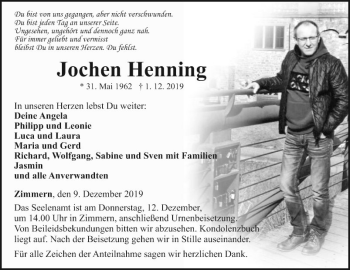 Traueranzeige von Jochen Henning von Fränkische Nachrichten