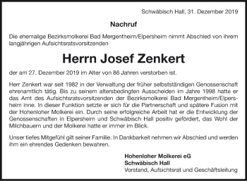 Traueranzeige von Josef Zenkert von Fränkische Nachrichten