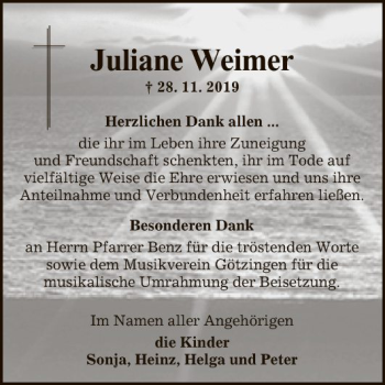 Traueranzeige von Juliane Weimer von Fränkische Nachrichten