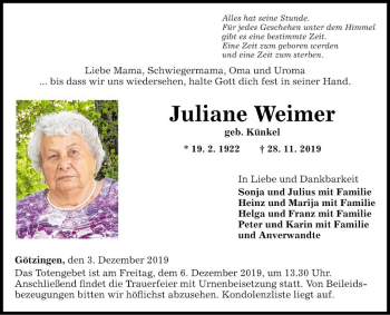 Traueranzeige von Juliane Weimer von Fränkische Nachrichten