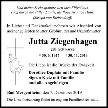 Traueranzeige von Jutta Ziegenhagen von Fränkische Nachrichten