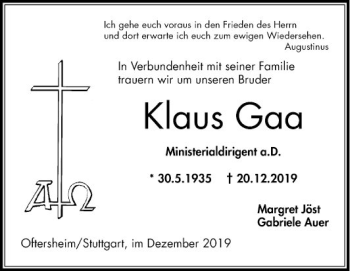 Traueranzeige von Klaus Gaa von Schwetzinger Zeitung