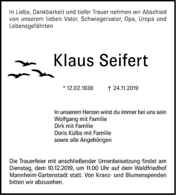 Traueranzeige von Klaus Seifert von Mannheimer Morgen