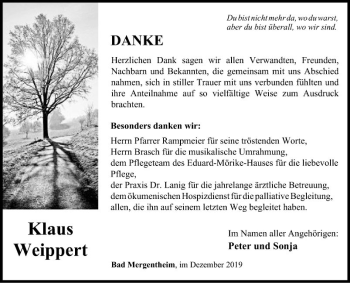 Traueranzeige von Klaus Weippert von Fränkische Nachrichten