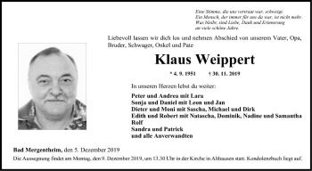 Traueranzeige von Klaus Weippert von Fränkische Nachrichten