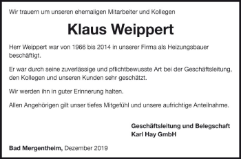 Traueranzeige von Klaus Weippert von Fränkische Nachrichten