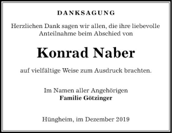 Traueranzeige von Konrad Naber von Fränkische Nachrichten