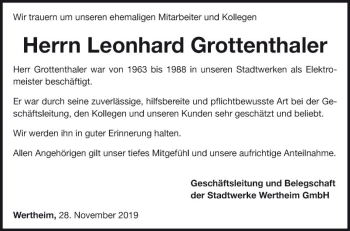 Traueranzeige von Leonhard Grottenthaler von Fränkische Nachrichten