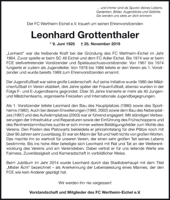 Traueranzeige von Leonhard Grottenthaler von Fränkische Nachrichten