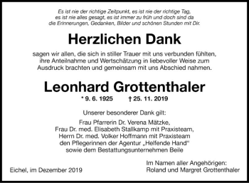 Traueranzeige von Leonhard Grottenthaler von Fränkische Nachrichten