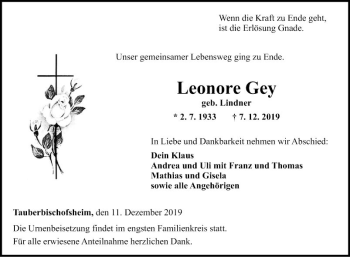 Traueranzeige von Leonore Gey von Fränkische Nachrichten