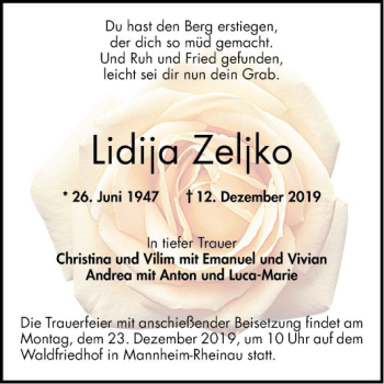 Traueranzeige von Lidija Zeljko von Mannheimer Morgen