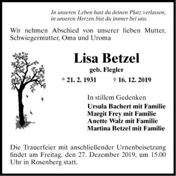 Traueranzeige von Lisa Betzel von Fränkische Nachrichten