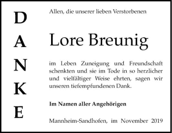 Traueranzeige von Lore Breunig von Mannheimer Morgen