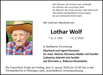 Traueranzeige von Lothar Wolf von Fränkische Nachrichten