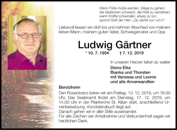 Traueranzeige von Ludwig Gärtner von Fränkische Nachrichten