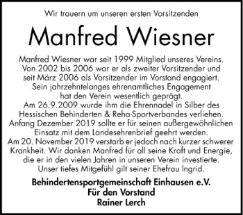 Traueranzeige von Manfred Wiesner von Bergsträßer Anzeiger