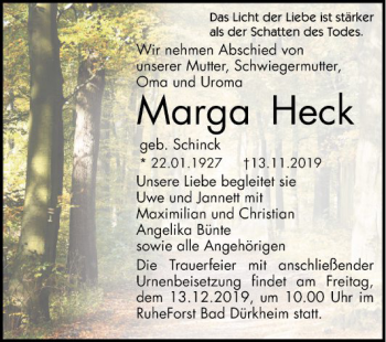 Traueranzeige von Marga Heck von Mannheimer Morgen