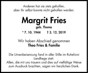 Traueranzeige von Margrit Fries von Fränkische Nachrichten