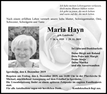 Traueranzeige von Maria Hayn von Fränkische Nachrichten