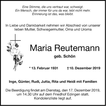 Traueranzeige von Maria Reutemann von Mannheimer Morgen