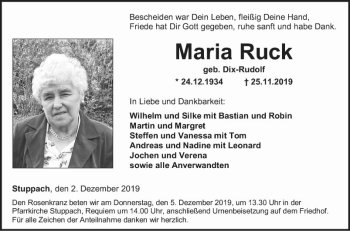 Traueranzeige von Maria Ruck von Fränkische Nachrichten